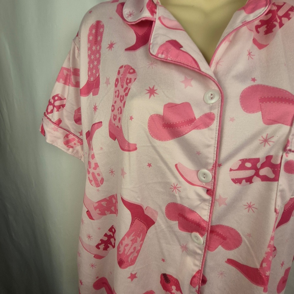 Pink Cowboy Boot Pajama Set Women XXL Pink Excellent Western Print - Picture 2 of 7